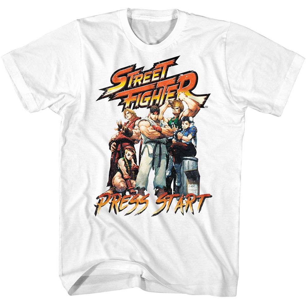 White Street Fighter t-shirt featuring a Street Fighter Street Fighter-Press Start design
