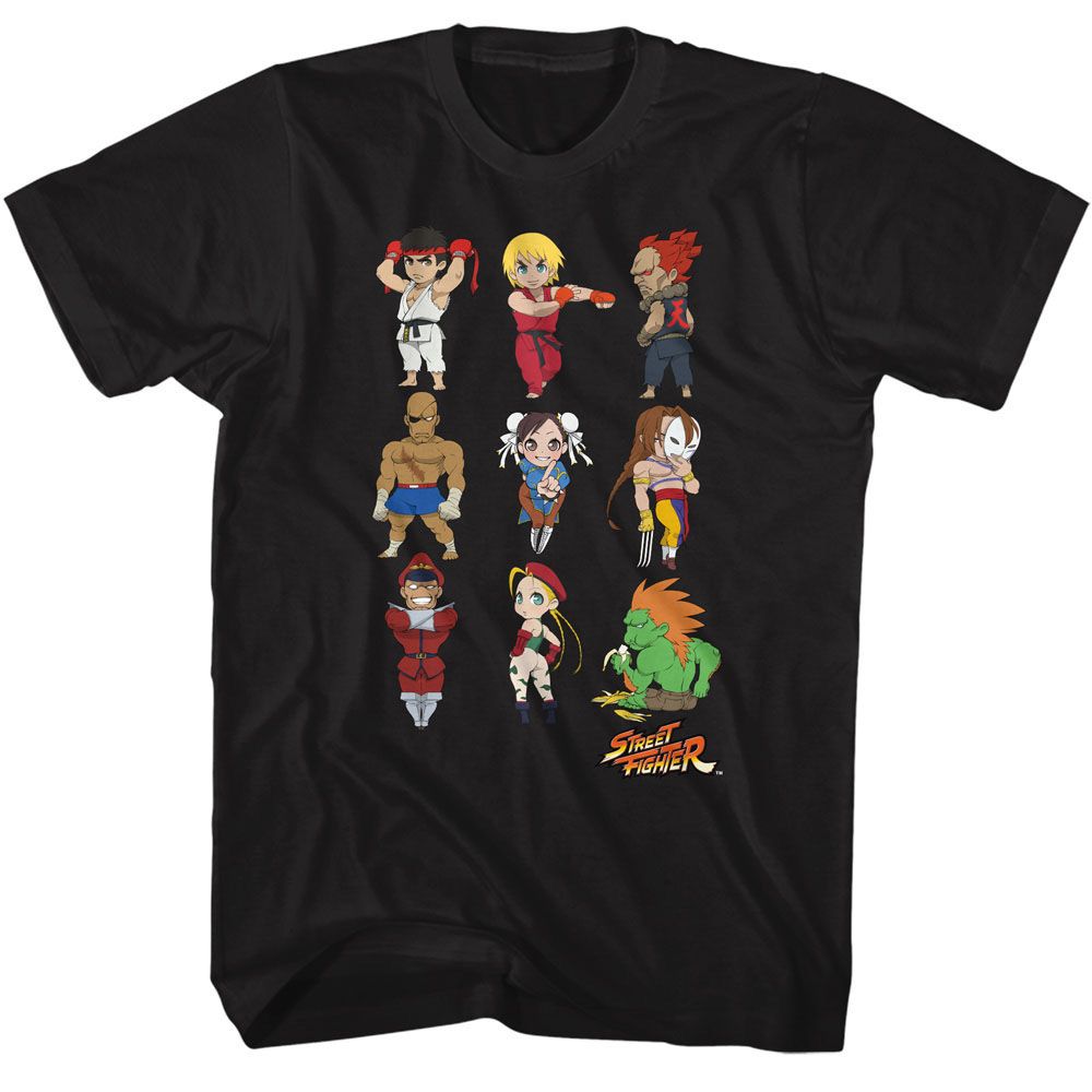 Black Street Fighter t-shirt featuring a Street Fighter Street Fighter Chibi Characters Stacked design