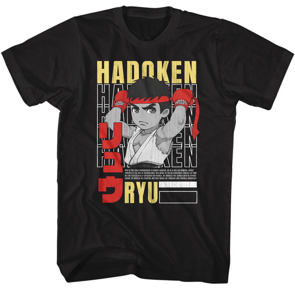 Black Street Fighter t-shirt featuring a Street Fighter Street Fighter Hadoken Repeat design