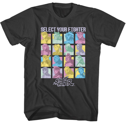 Smoke Gray Street Fighter t-shirt featuring a Street Fighter Street Fighter Select Your Fighter design