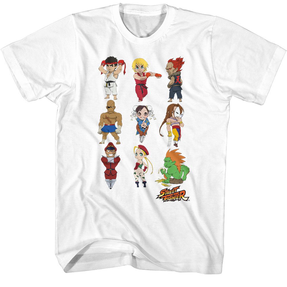 White Street Fighter t-shirt featuring a Street Fighter Street Fighter Chibi Characters Stacked design
