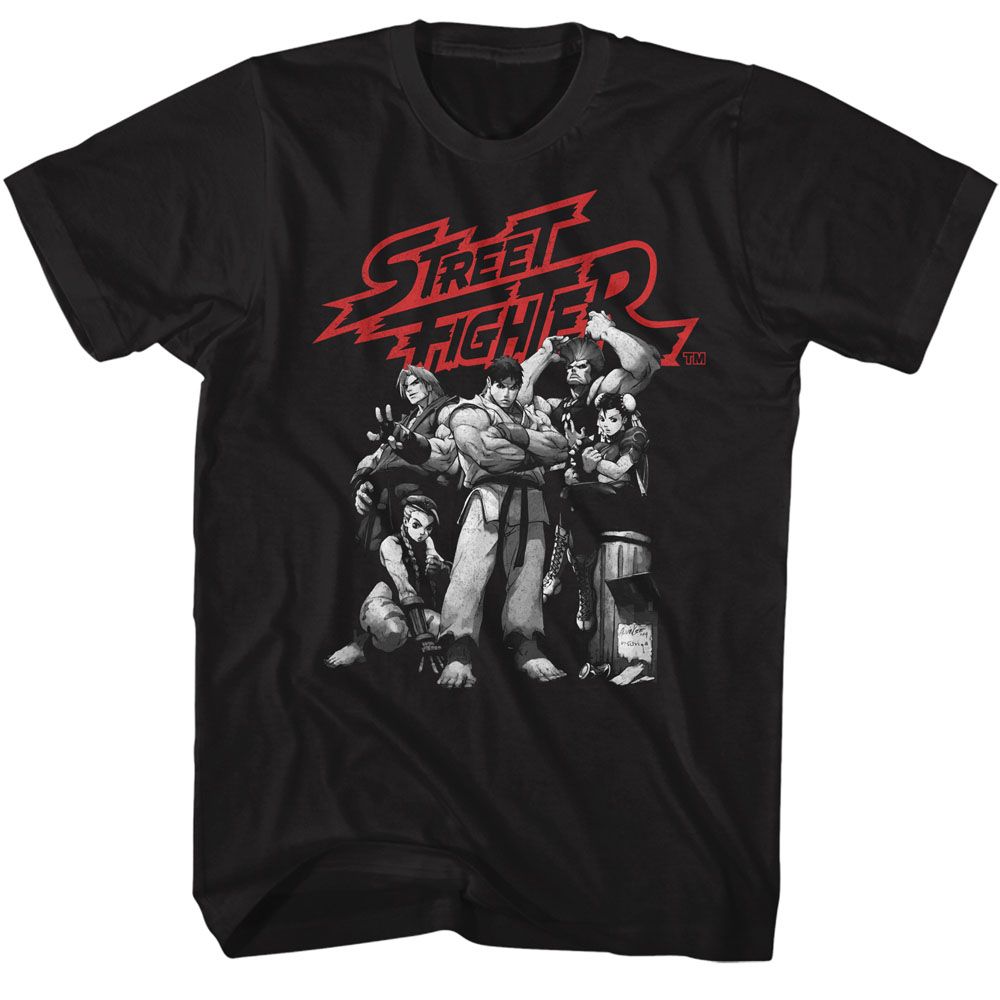 Black Street Fighter t-shirt featuring a Street Fighter Street Fighter Bw Character Group design