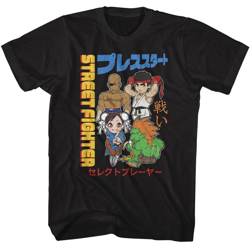 Black Street Fighter t-shirt featuring a Street Fighter Street Fighter Chibi with Kanji design
