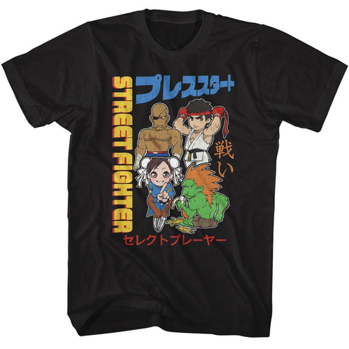 Black Street Fighter t-shirt featuring a Street Fighter Street Fighter Chibi with Kanji design