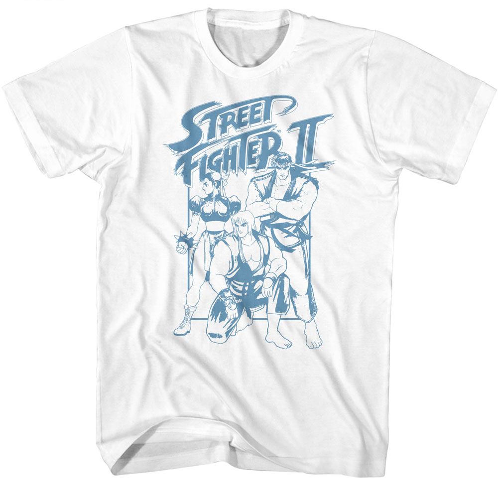 White Street Fighter t-shirt featuring a Street Fighter Street Fighter Ryu Ken and Chun Li Box design