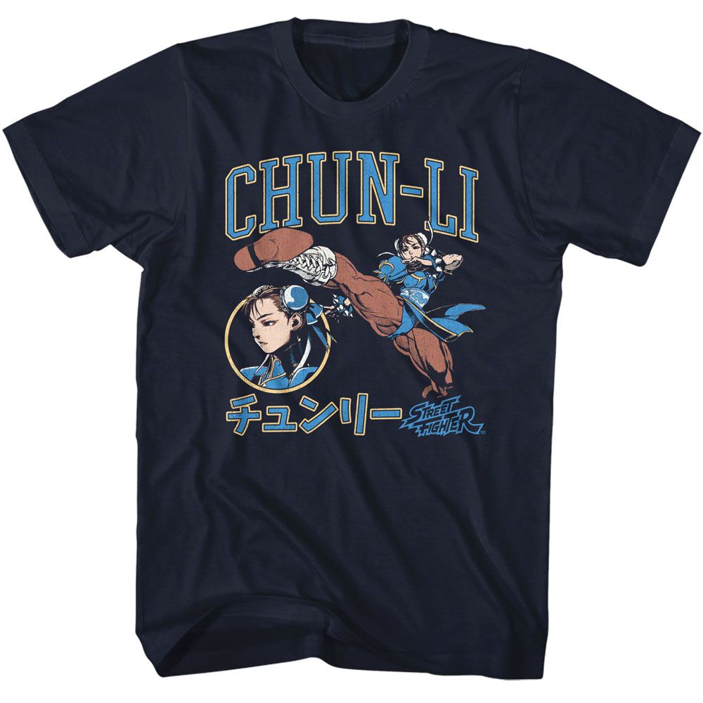 Navy Street Fighter t-shirt featuring a Street Fighter Street Fighter Chun Li Varsity design