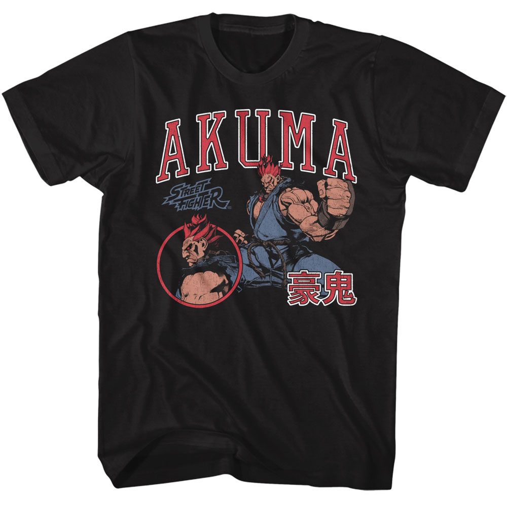 Black Street Fighter t-shirt featuring a Street Fighter Street Fighter Akuma Varsity design