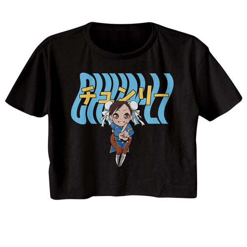 Street Fighter Ladies Crop Top - Street Fighter Chun Li Warped Text