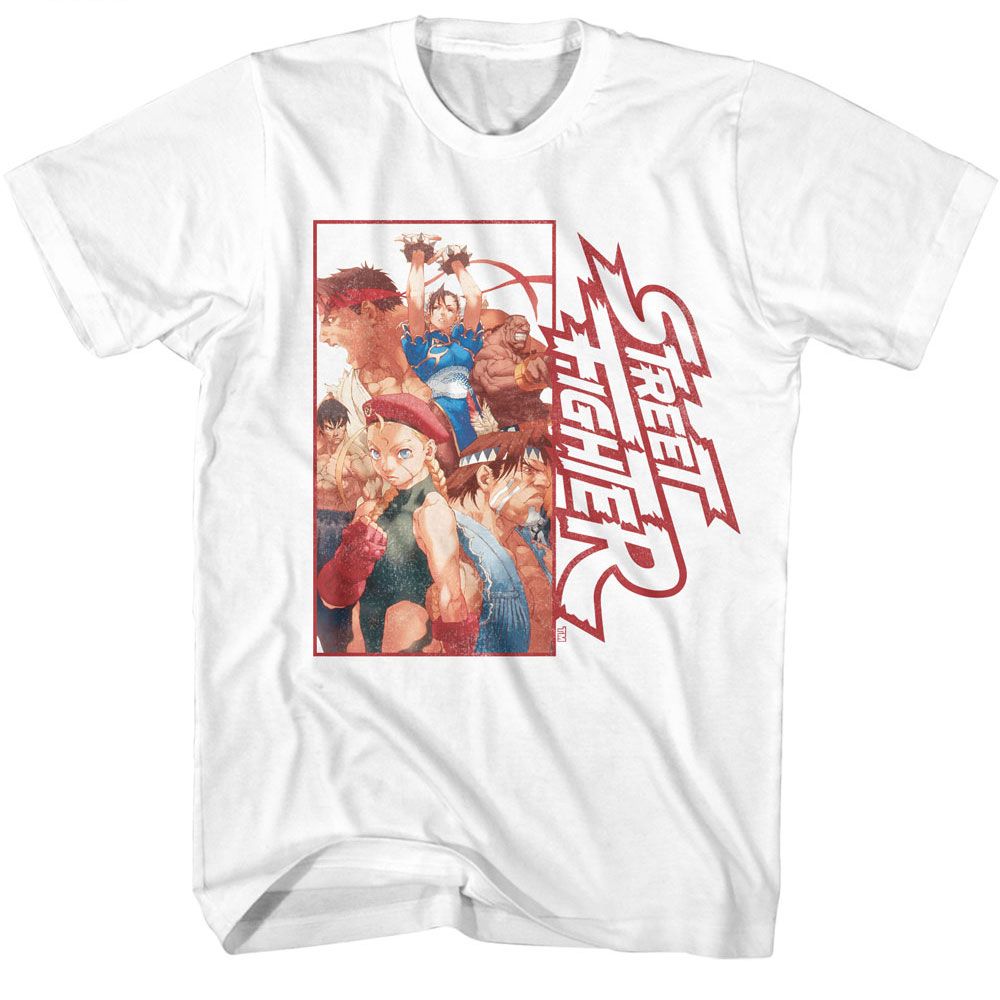 White Street Fighter t-shirt featuring a Street Fighter Street Fighter Multi Character Rectangle design