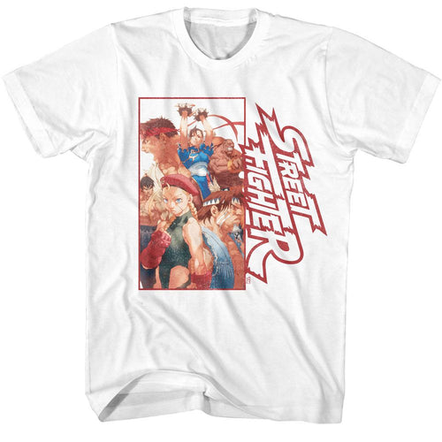 White Street Fighter t-shirt featuring a Street Fighter Street Fighter Multi Character Rectangle design