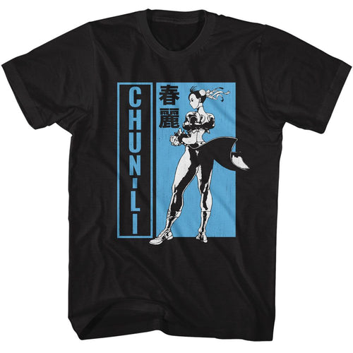 Black Street Fighter t-shirt featuring a Street Fighter Street Fighter Chun Li Bw Character Pose design