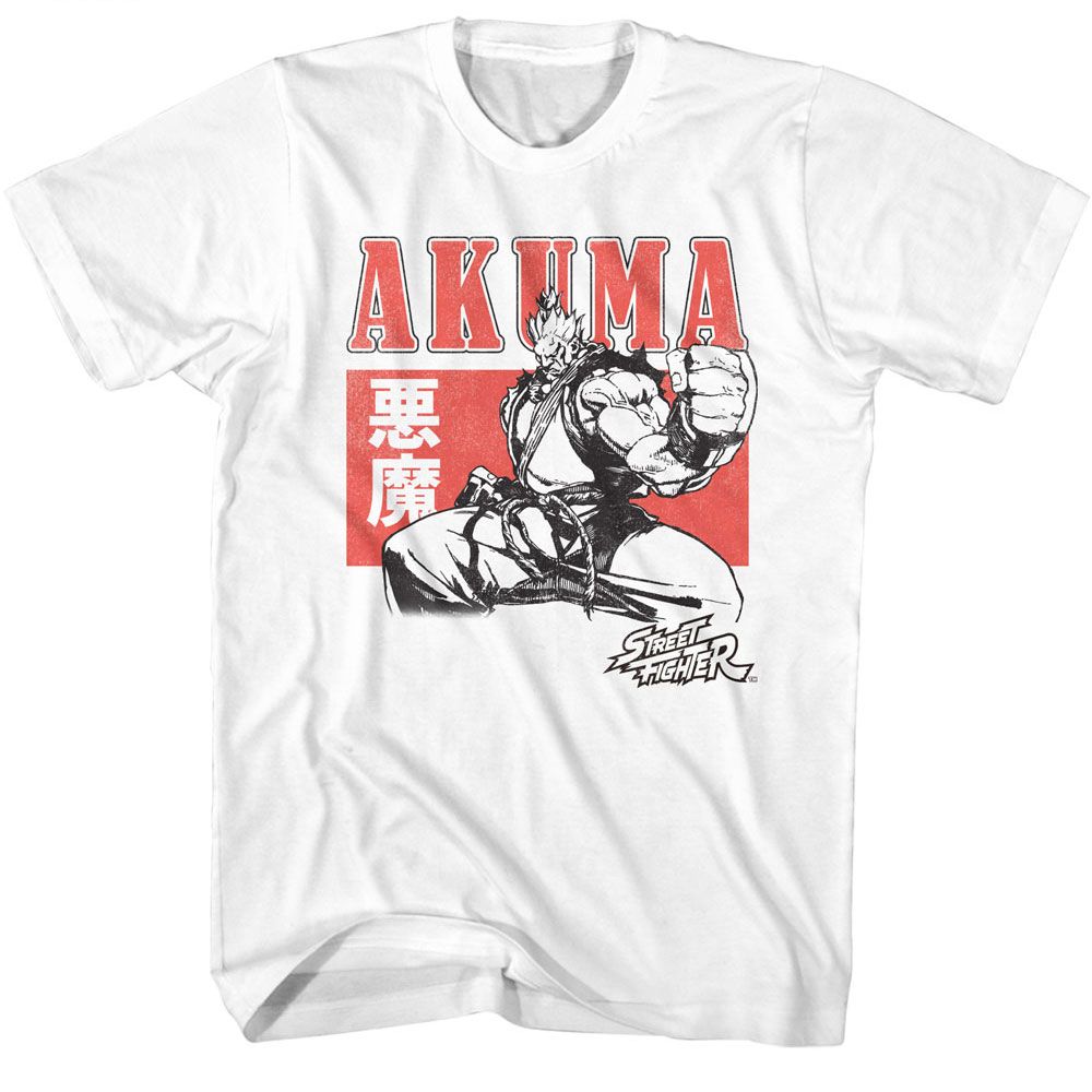 White Street Fighter t-shirt featuring a Street Fighter Street Fighter Akuma Character Block design