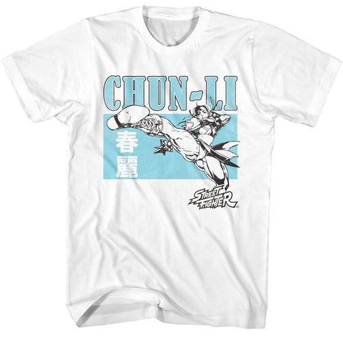 White Street Fighter t-shirt featuring a Street Fighter Street Fighter Chun Li Character Block design