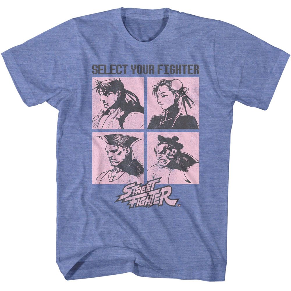 Light Blue Heather Street Fighter t-shirt featuring a Street Fighter Street Fighter Select Your Fighter design