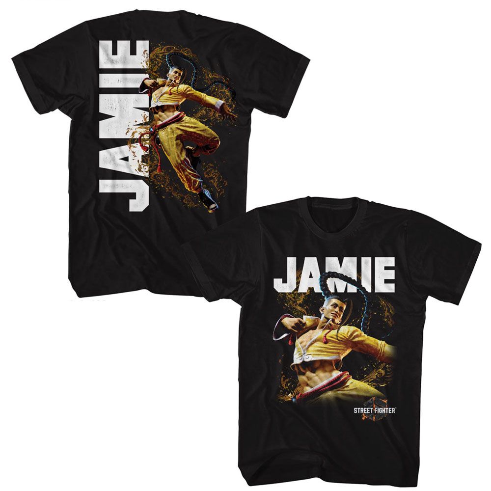 Black Street Fighter t-shirt featuring a Street Fighter Street Fighter Jamie Character design