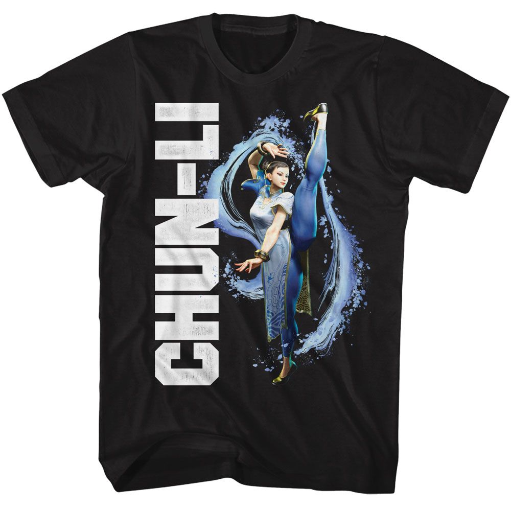 Black Street Fighter t-shirt featuring a Street Fighter Street Fighter Chun Li Splatter Kick design