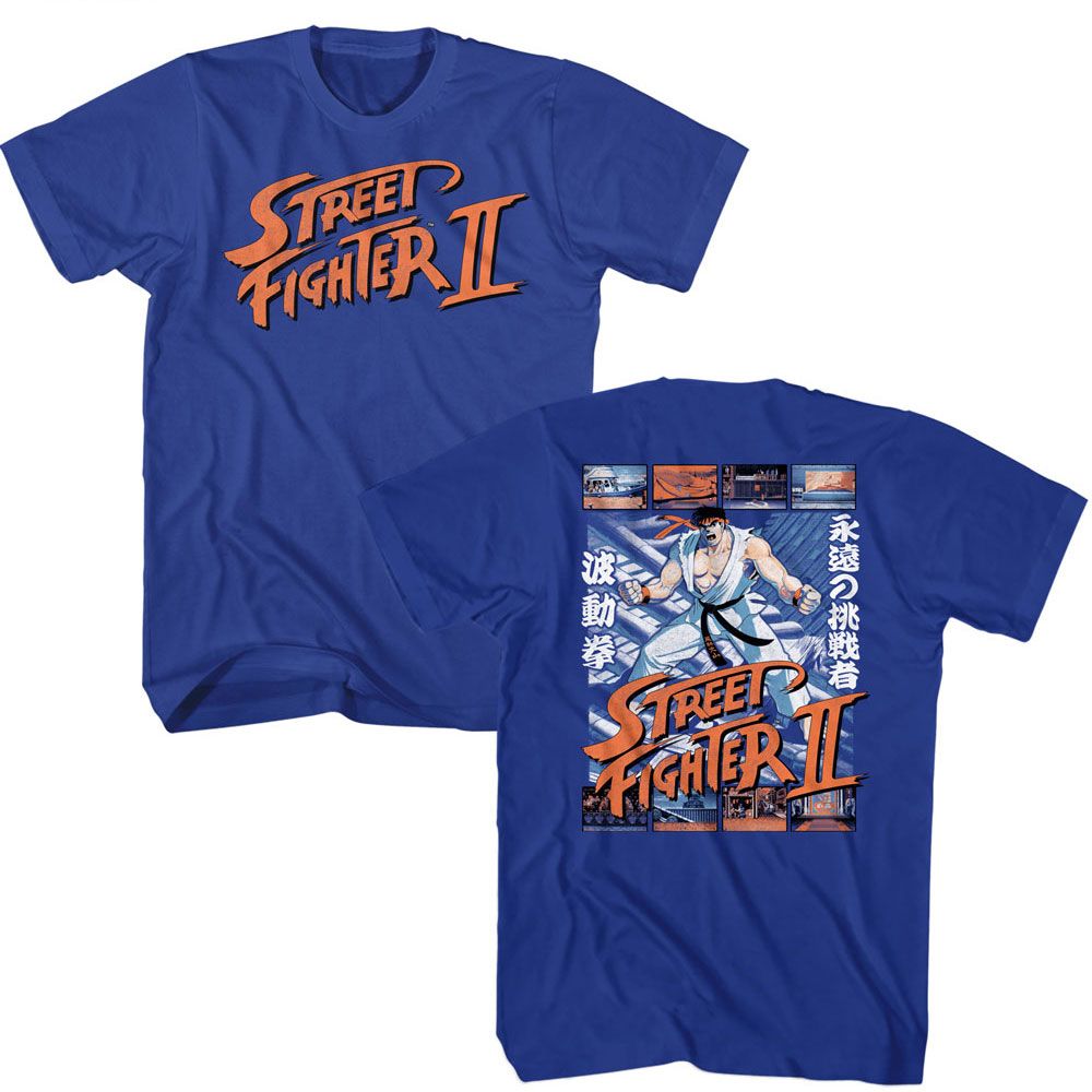 Royal Blue Street Fighter t-shirt featuring a Street Fighter Street Fighter Ryu and Scenes Front and Back design
