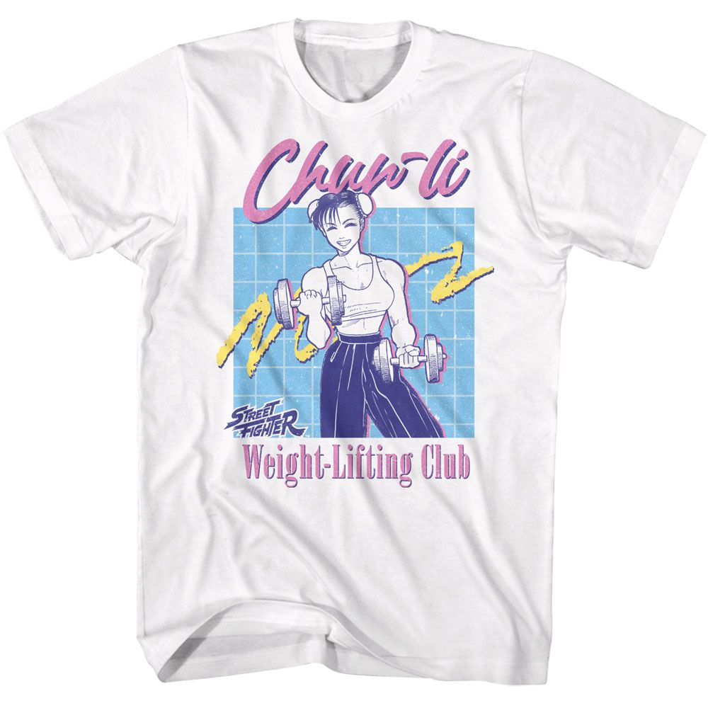White Street Fighter t-shirt featuring a Street Fighter Street Fighter Weight Lift Chun Li design