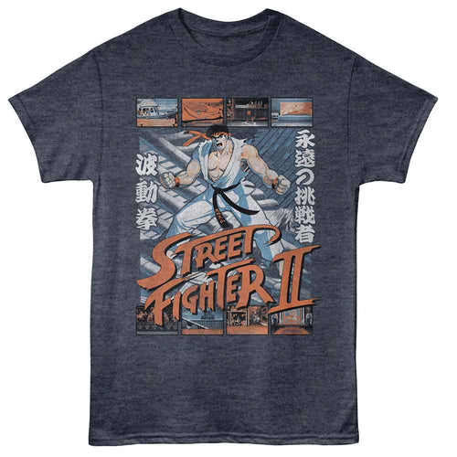 Navy Heather Street Fighter t-shirt featuring a Street Fighter Street Fighter Ryu W Various Game Scenes design