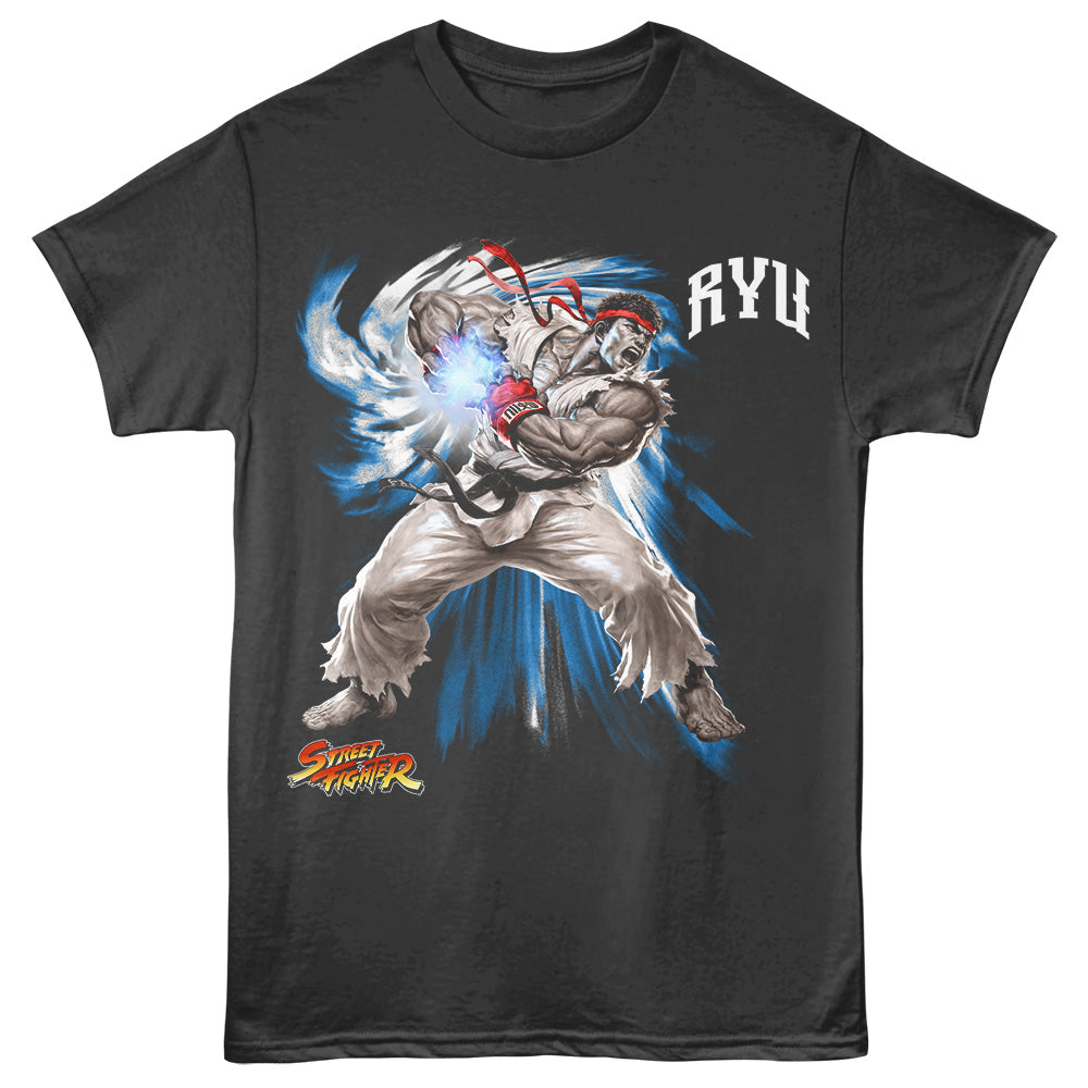 Smoke gray Street Fighter t-shirt featuring a Ryu Hadouken design