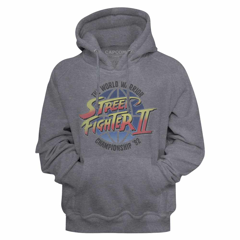 Gunmetal heather Street Fighter pullover hoodie featuring a World Warrior design