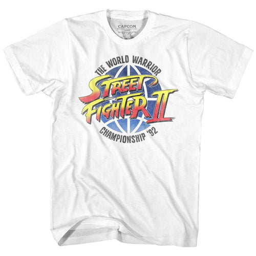 White Street Fighter t-shirt featuring a Street Fighter World Warrior design