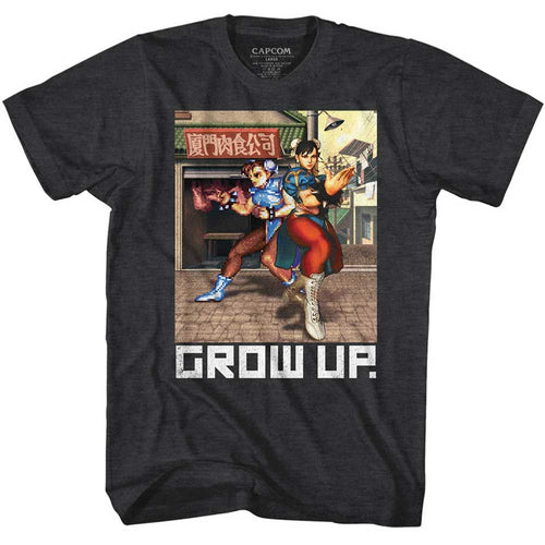 Black Heather Street Fighter t-shirt featuring a Street Fighter Grow Up. design