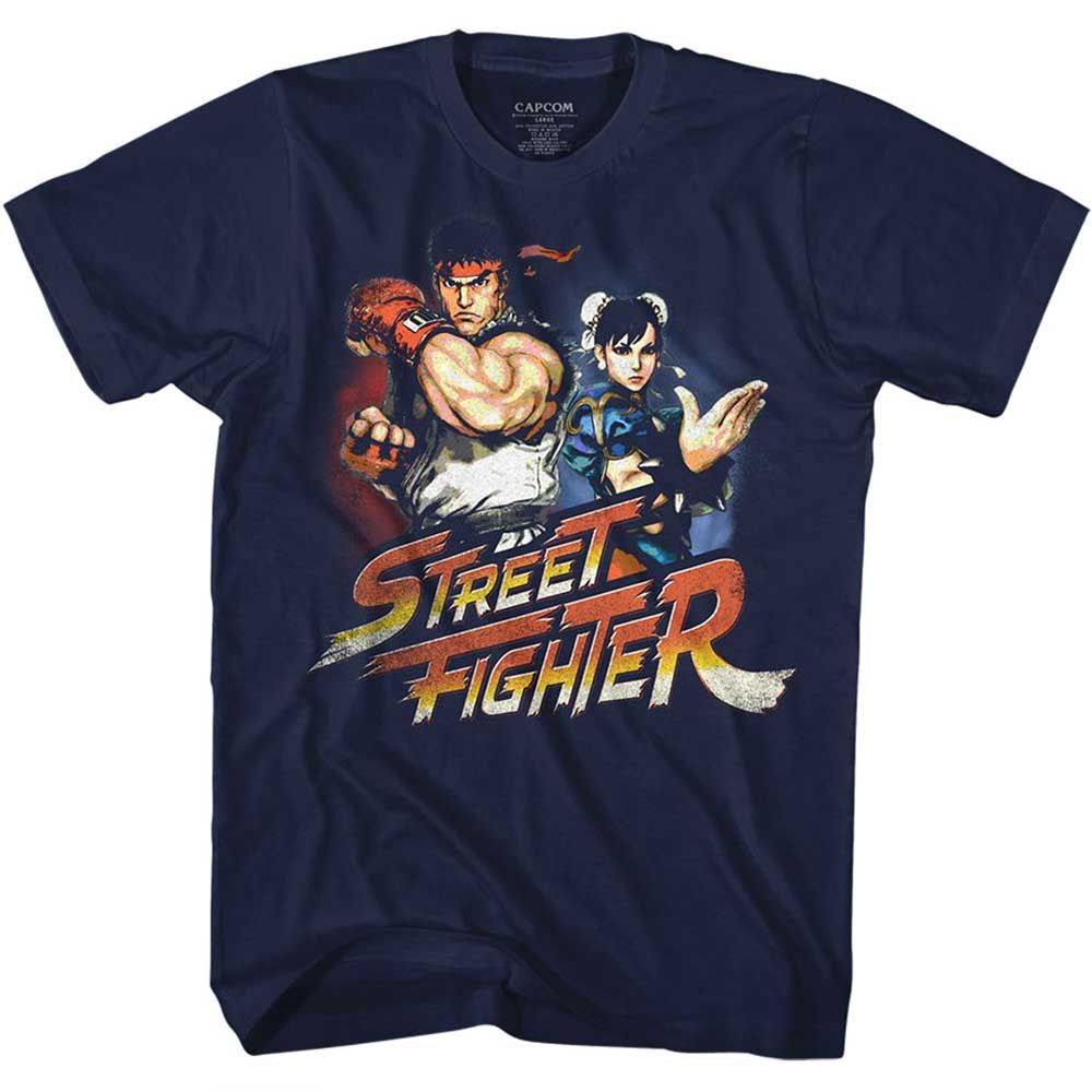 Navy Street Fighter t-shirt featuring a Street Fighter Ryuchunli design