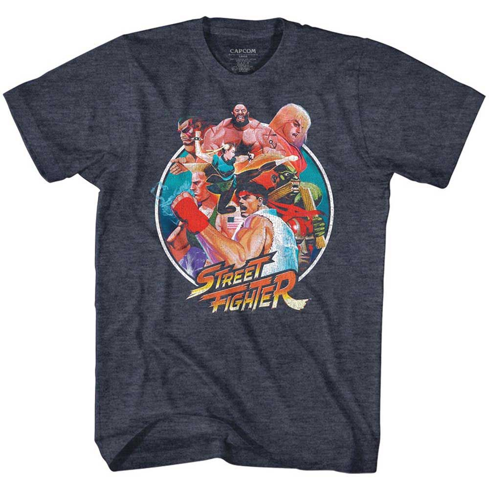 Navy Heather Street Fighter t-shirt featuring a Street Fighter Group Circle design