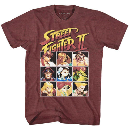 Vintage Maroon Heather Street Fighter t-shirt featuring a Street Fighter 8Bit design