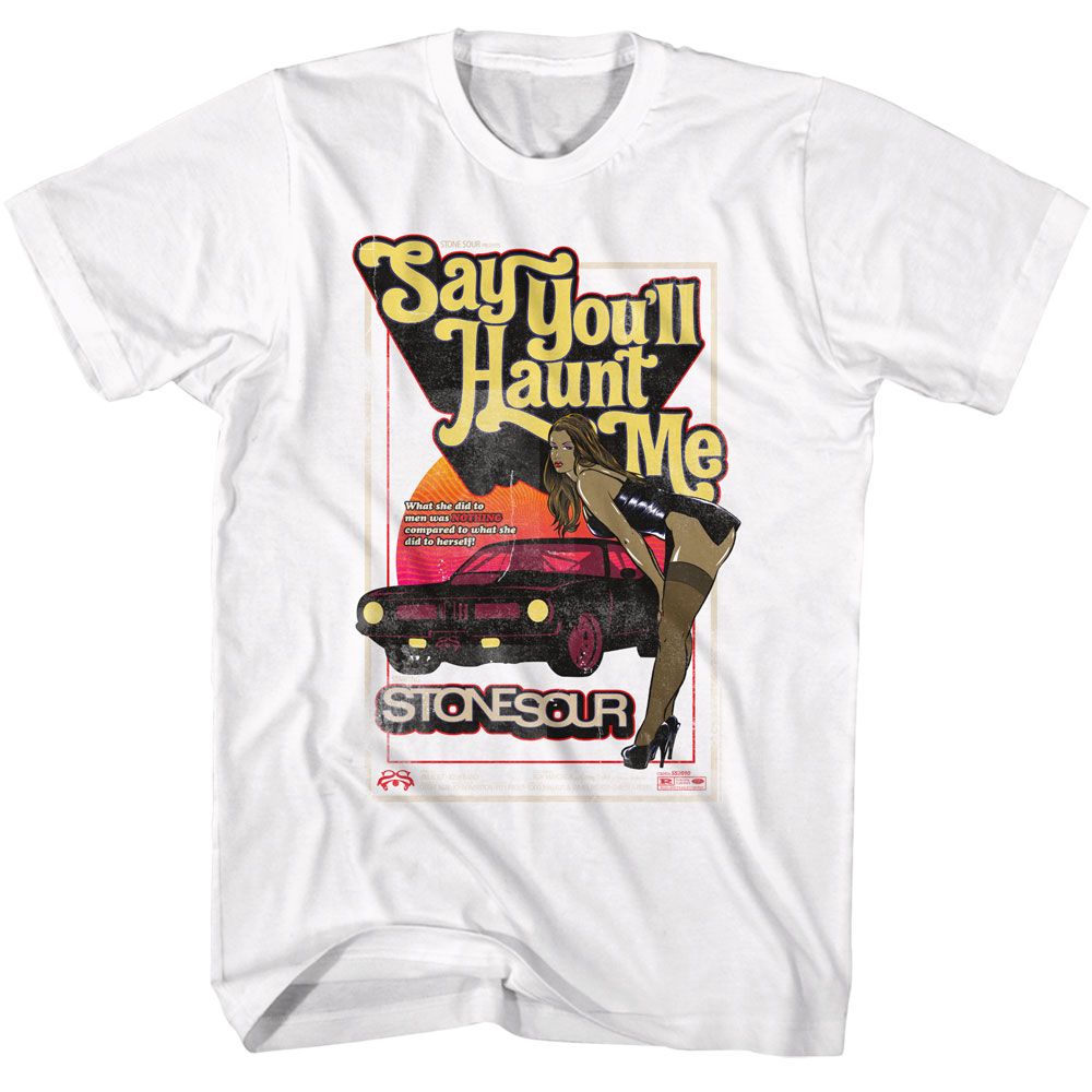 White Stone Sour t-shirt featuring a Say You'll Haunt Me car design