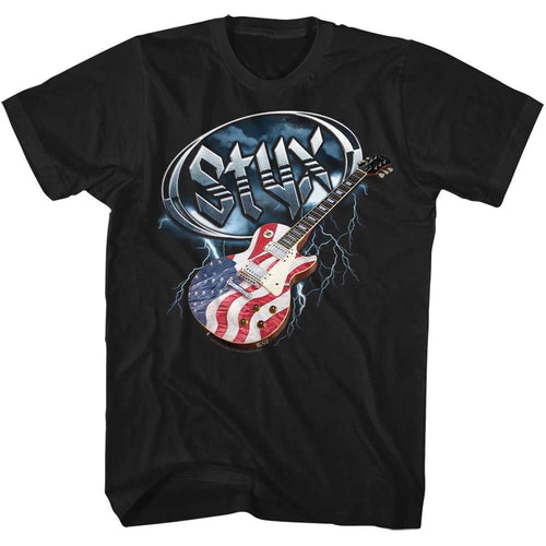 Black Styx t-shirt featuring a Styx Flag Guitar design