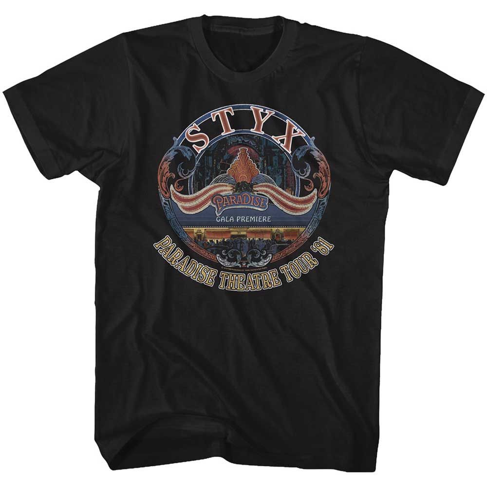 Black Styx t-shirt featuring a Styx Tour 81 design