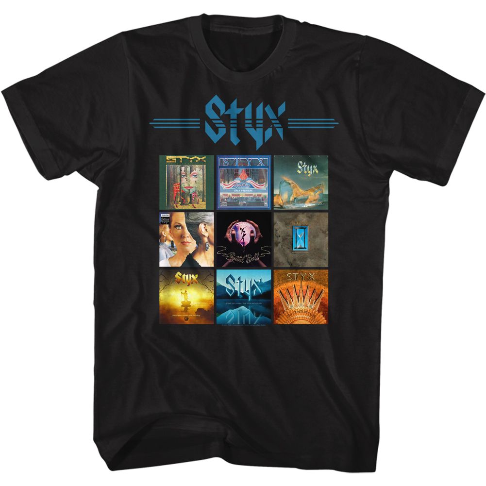 Black Styx t-shirt featuring a Styx Many Albums design