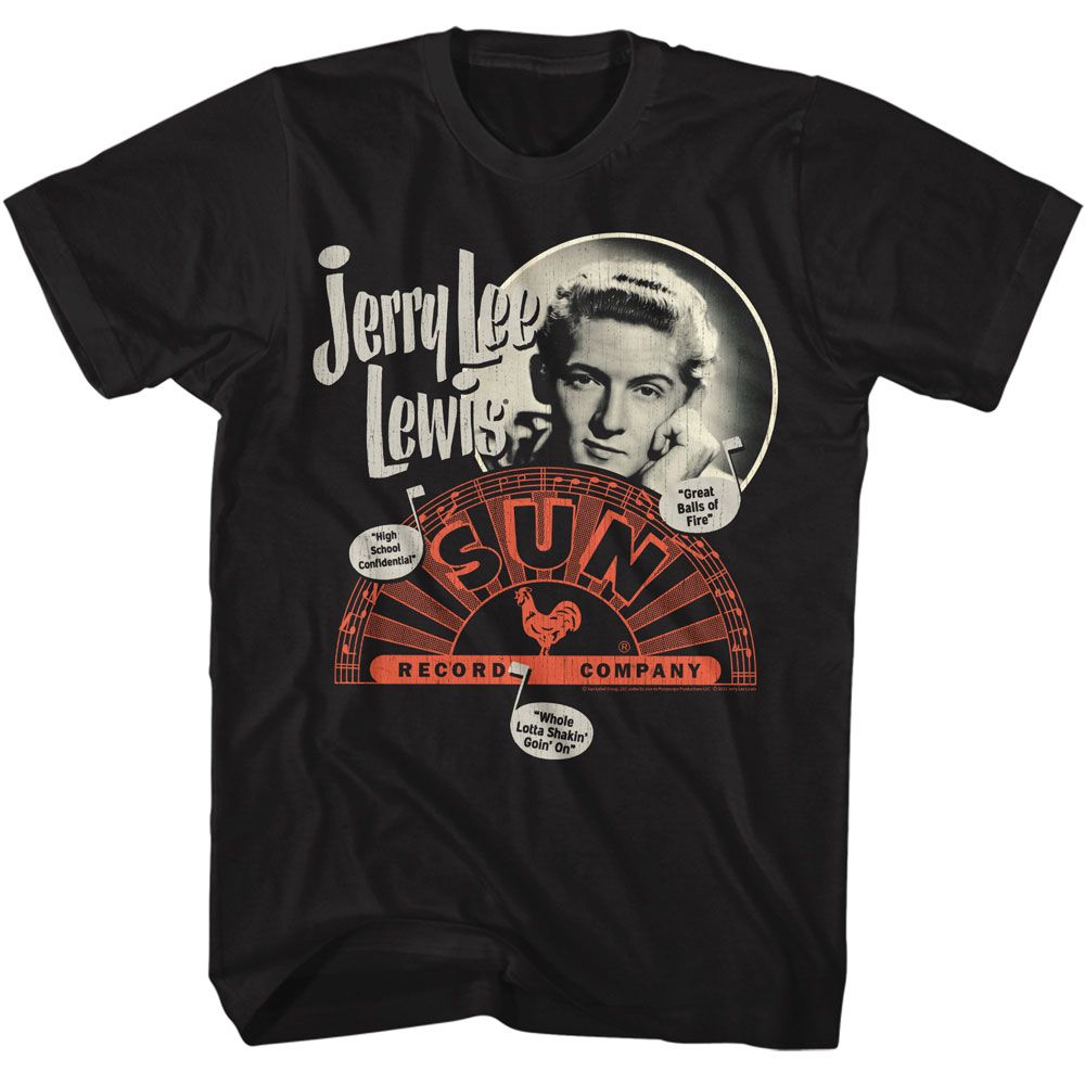 Black Sun Records t-shirt featuring a Jerry Lee Lewis Song Titles design
