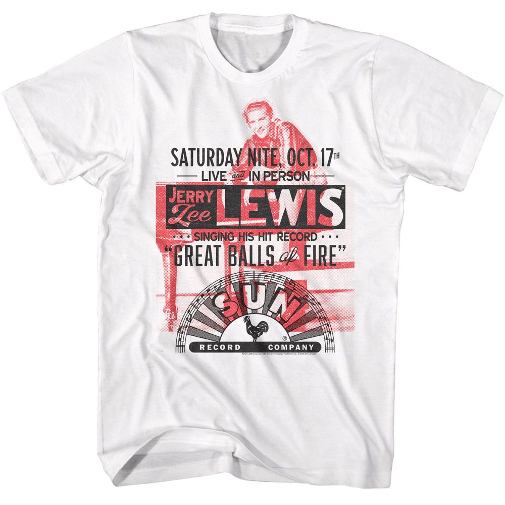 White Sun Records t-shirt featuring a Jerry Lee Lewis Great Balls of Fire design