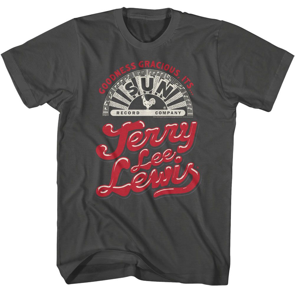Smoke Gray Sun Records t-shirt featuring a Jerry Lee Lewis Goodness Gracious design