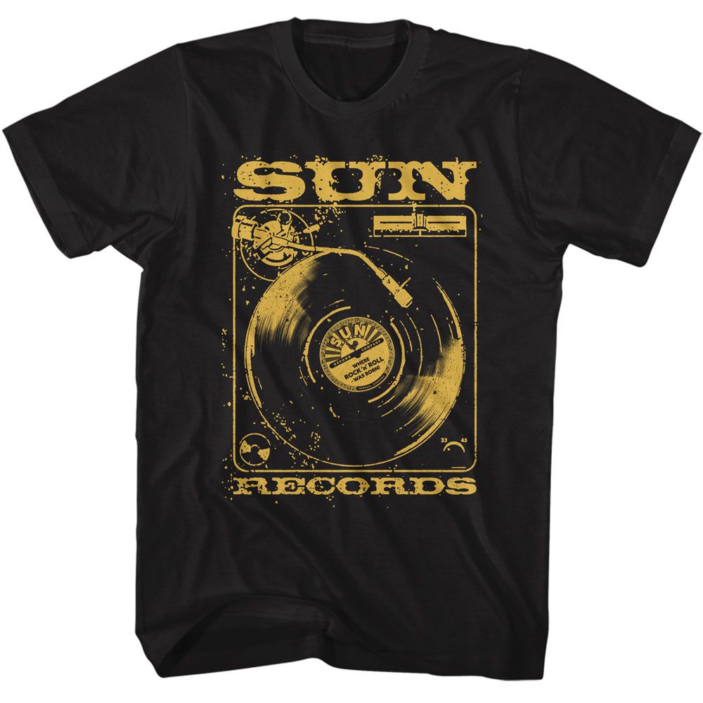 Black Sun Records t-shirt featuring a Sunrise Records Record Player design