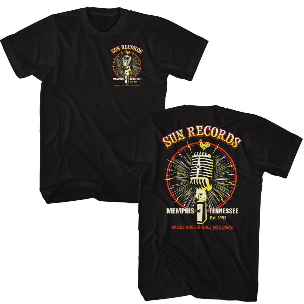 Black Sun Records t-shirt featuring a Sun Records Microphone Burst design