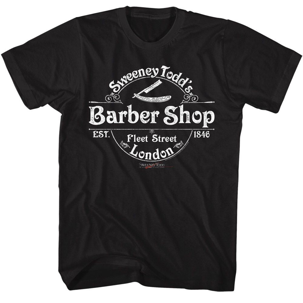 Black Sweeney Todd t-shirt featuring a Sweeney Todd Barber Shop design