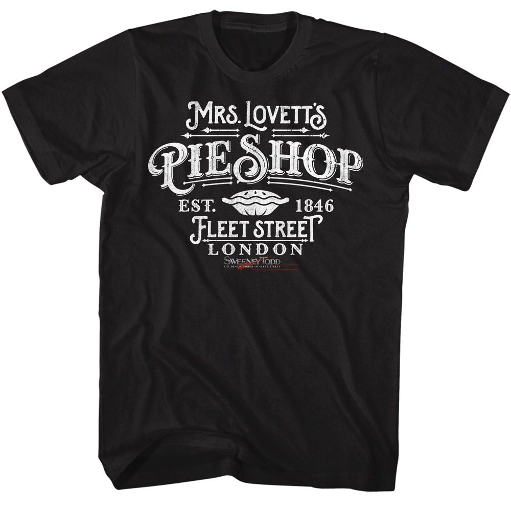 Black Sweeney Todd t-shirt featuring a Mrs. Lovett's Pie Shop design