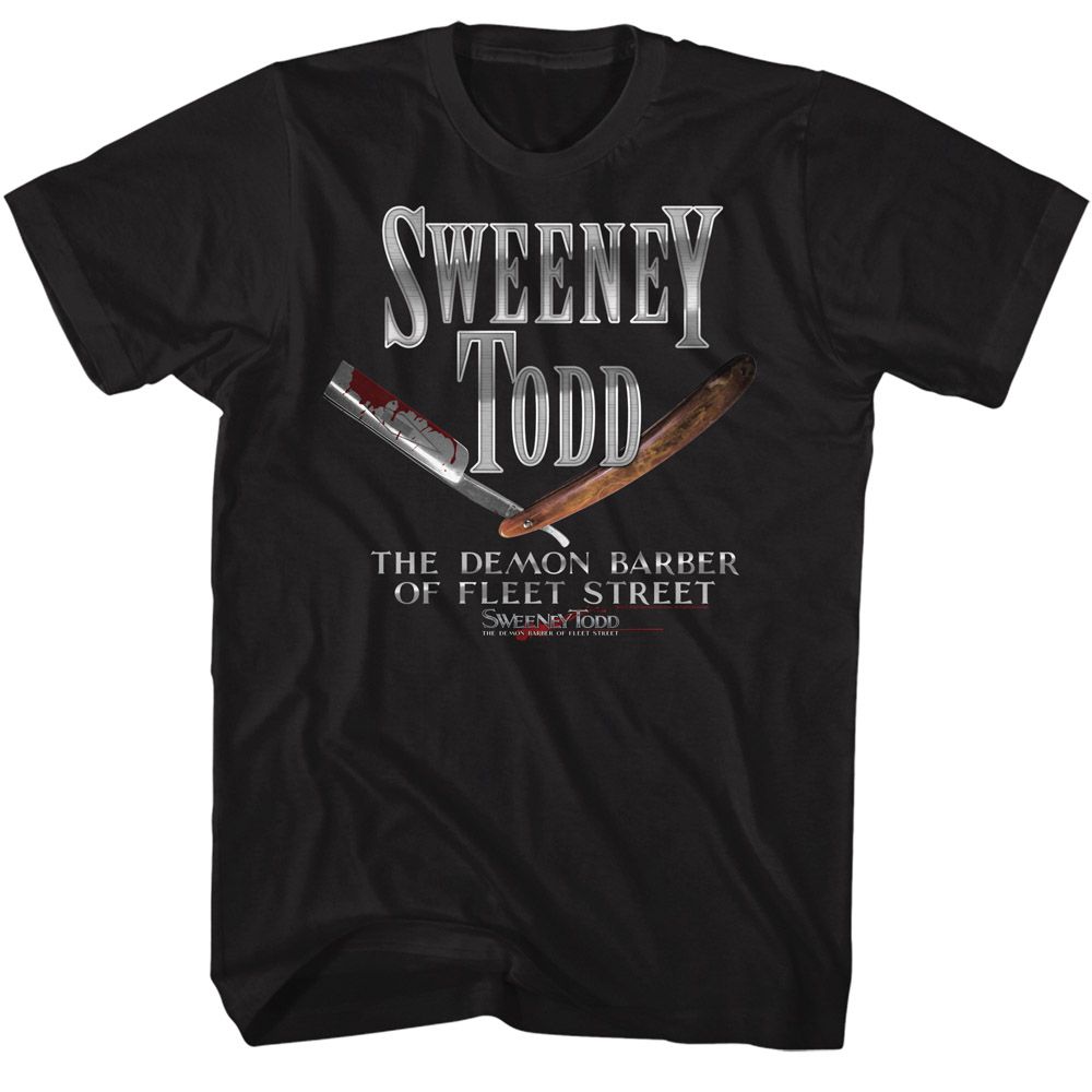 Black Sweeney Todd t-shirt featuring a Realistic Razor design