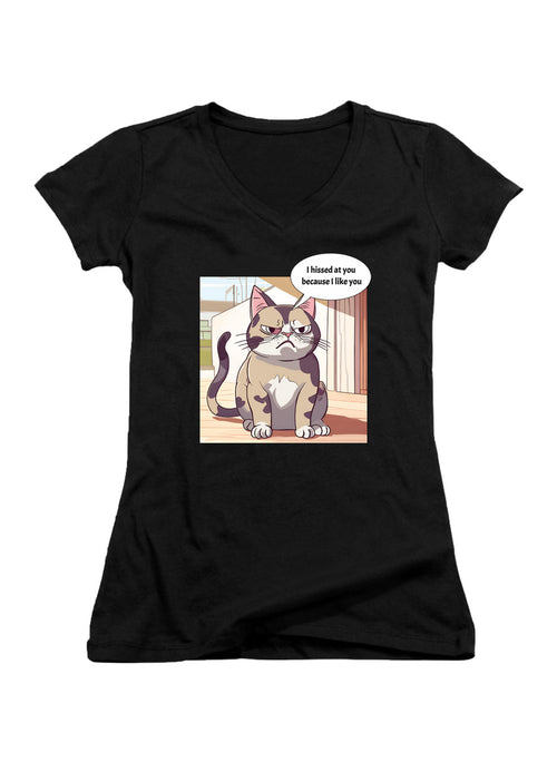 Black Sassy Cat Juniors V-Neck T-Shirt