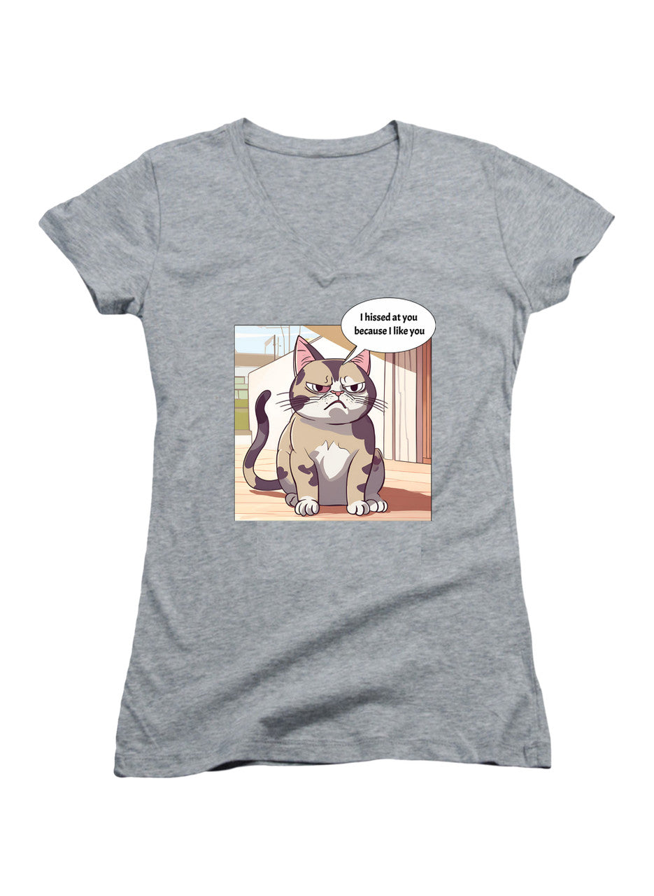 Gray Sassy Cat Juniors V-Neck T-Shirt