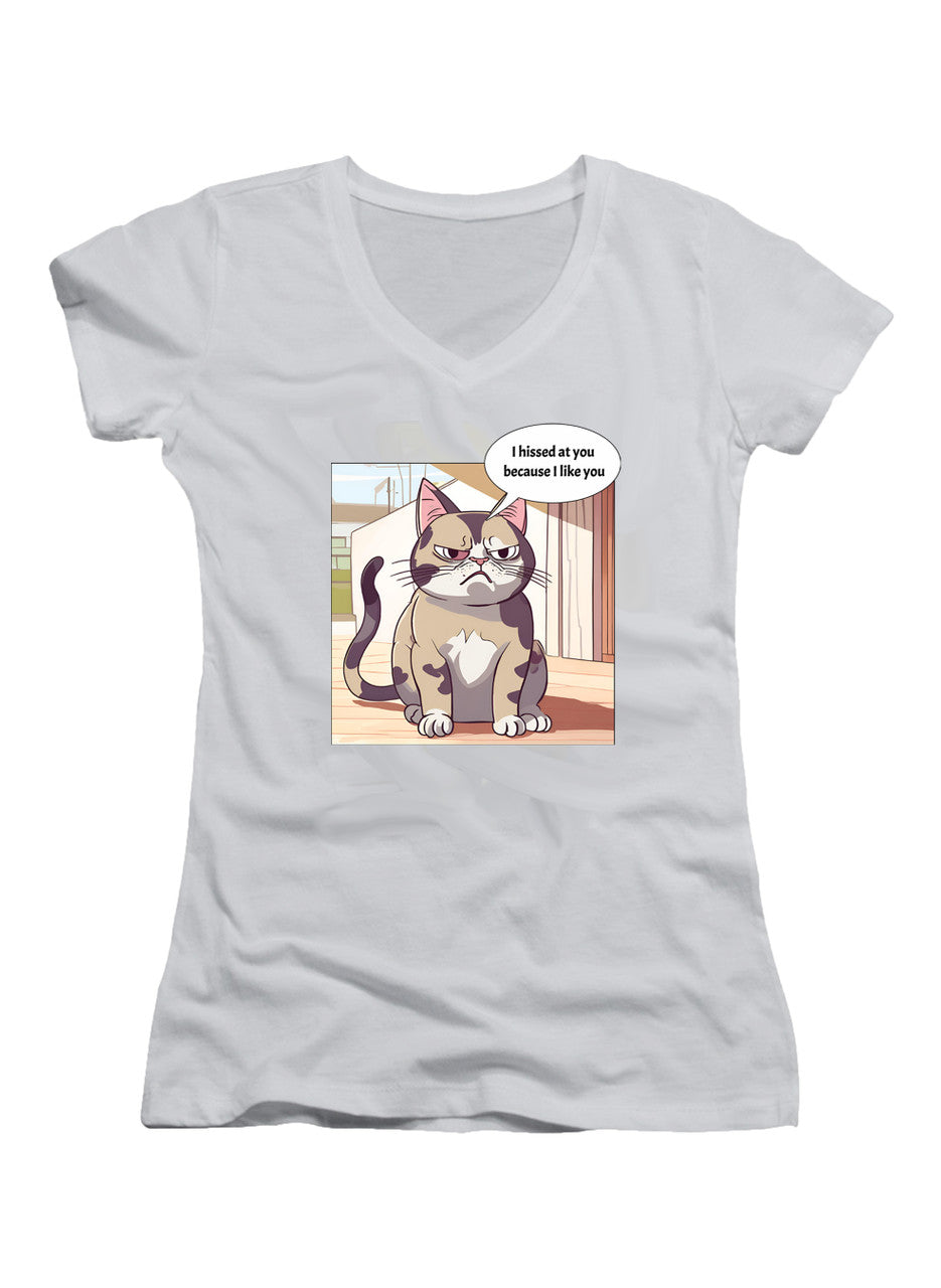 White Sassy Cat Juniors V-Neck T-Shirt