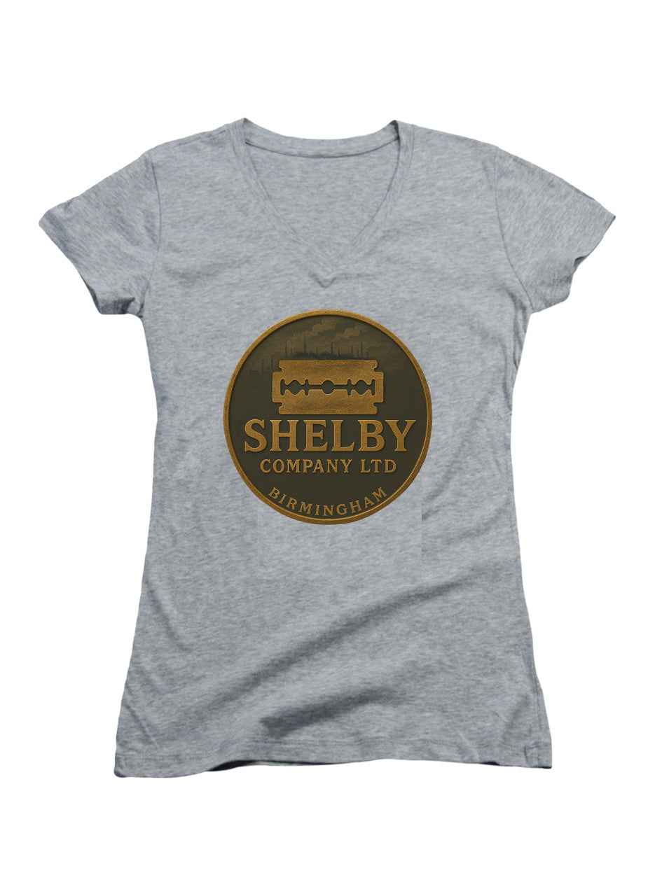 Gray Shelby Company Emblem Juniors V-Neck T-Shirt