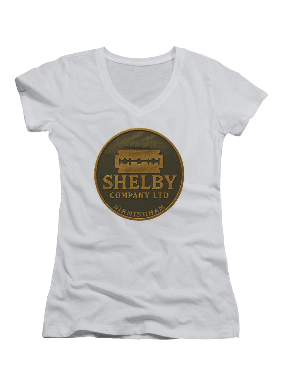 White Shelby Company Emblem Juniors V-Neck T-Shirt