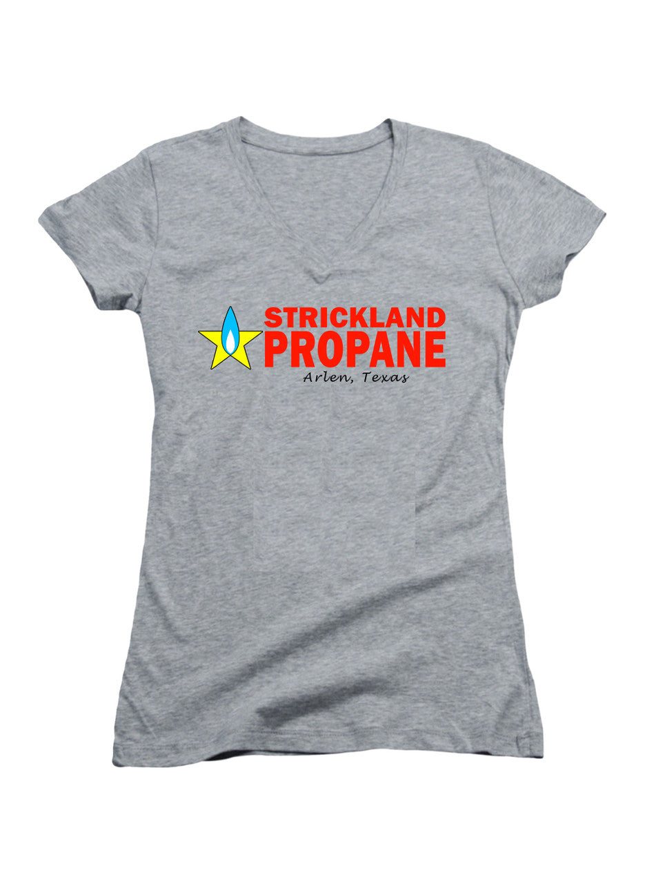 Gray Strickland Propane Logo Juniors V-Neck T-Shirt
