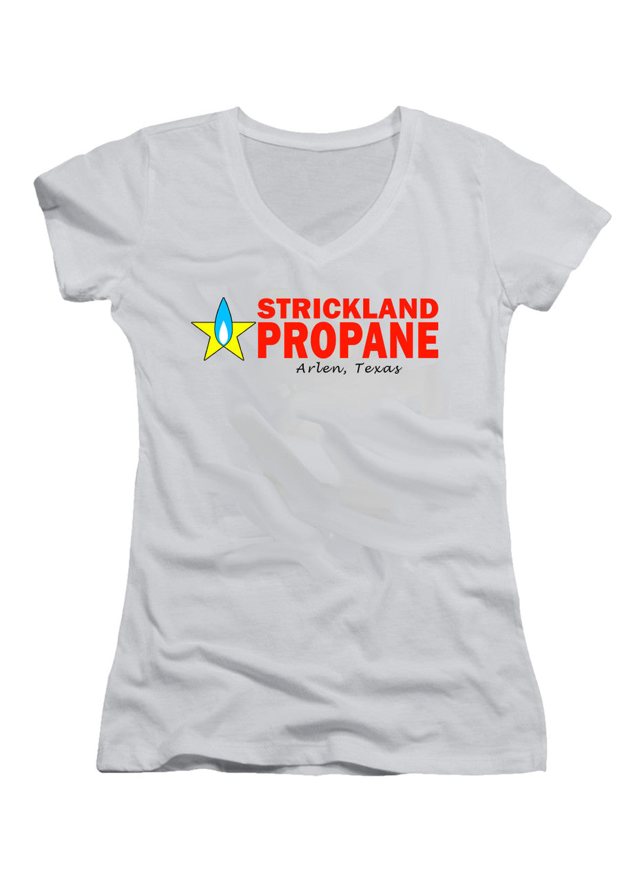 White Strickland Propane Logo Juniors V-Neck T-Shirt
