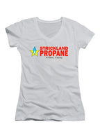 White Strickland Propane Logo Juniors V-Neck T-Shirt